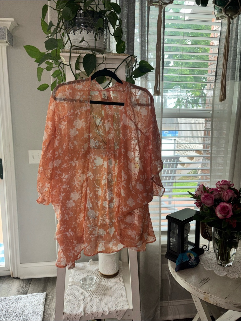 Peach Floral Sheer Kimono Tunic